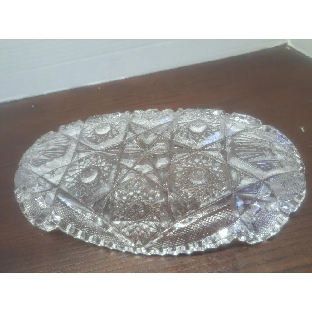 Vintage Cut Glass Serving Tray With Saw Tooth Rim